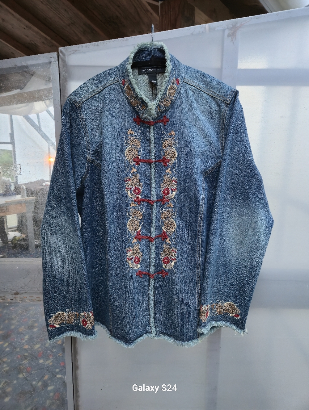 INC International Concepts Blue Embroidered Denim Jacket with Red Accents